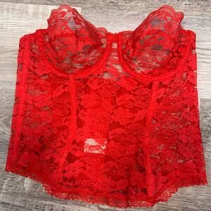 Vintage Red Lace Bustier Corset Top 36 Sheer Floral ILGWU Made in USA